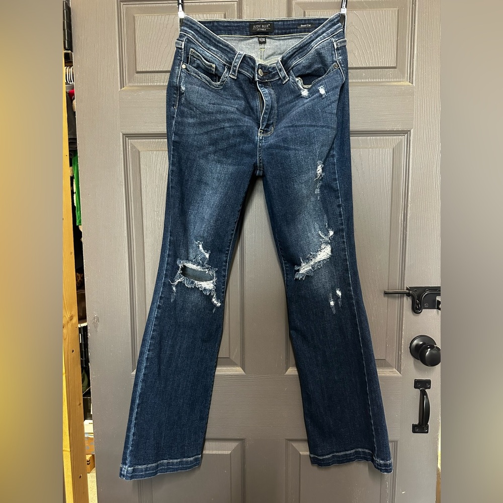 Judy Blue Women’s Distressed Bootcut Jeans - Dark Blue
